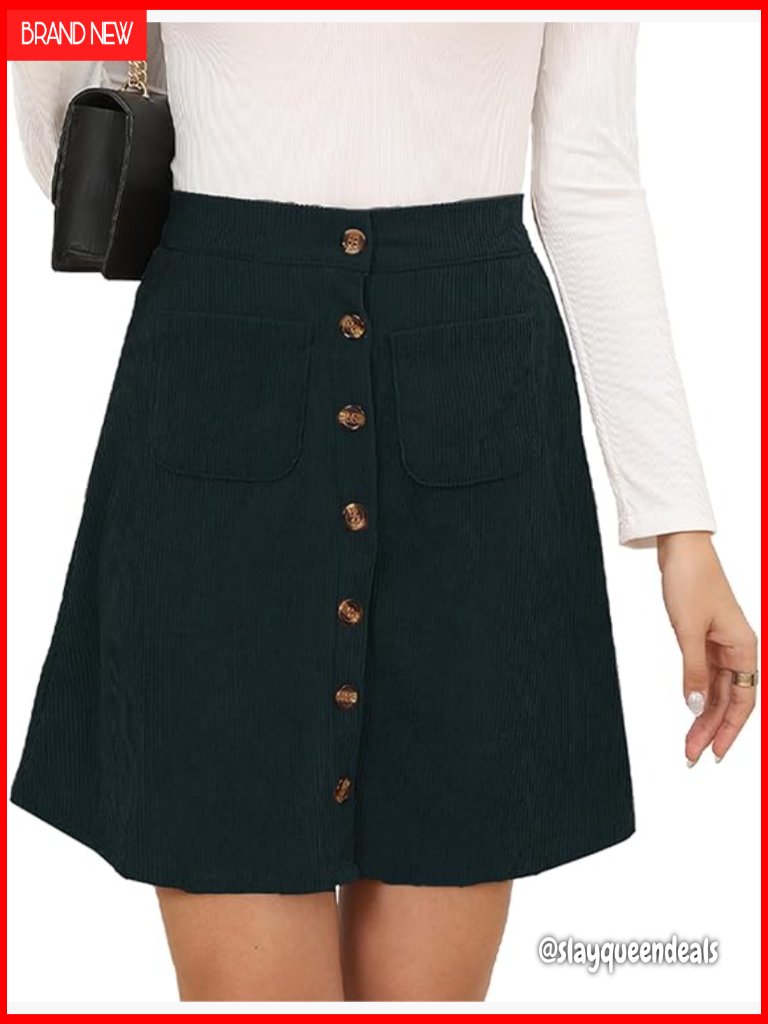 Corduroy Mini Skirt High Waist A-Line Pleated With Pockets